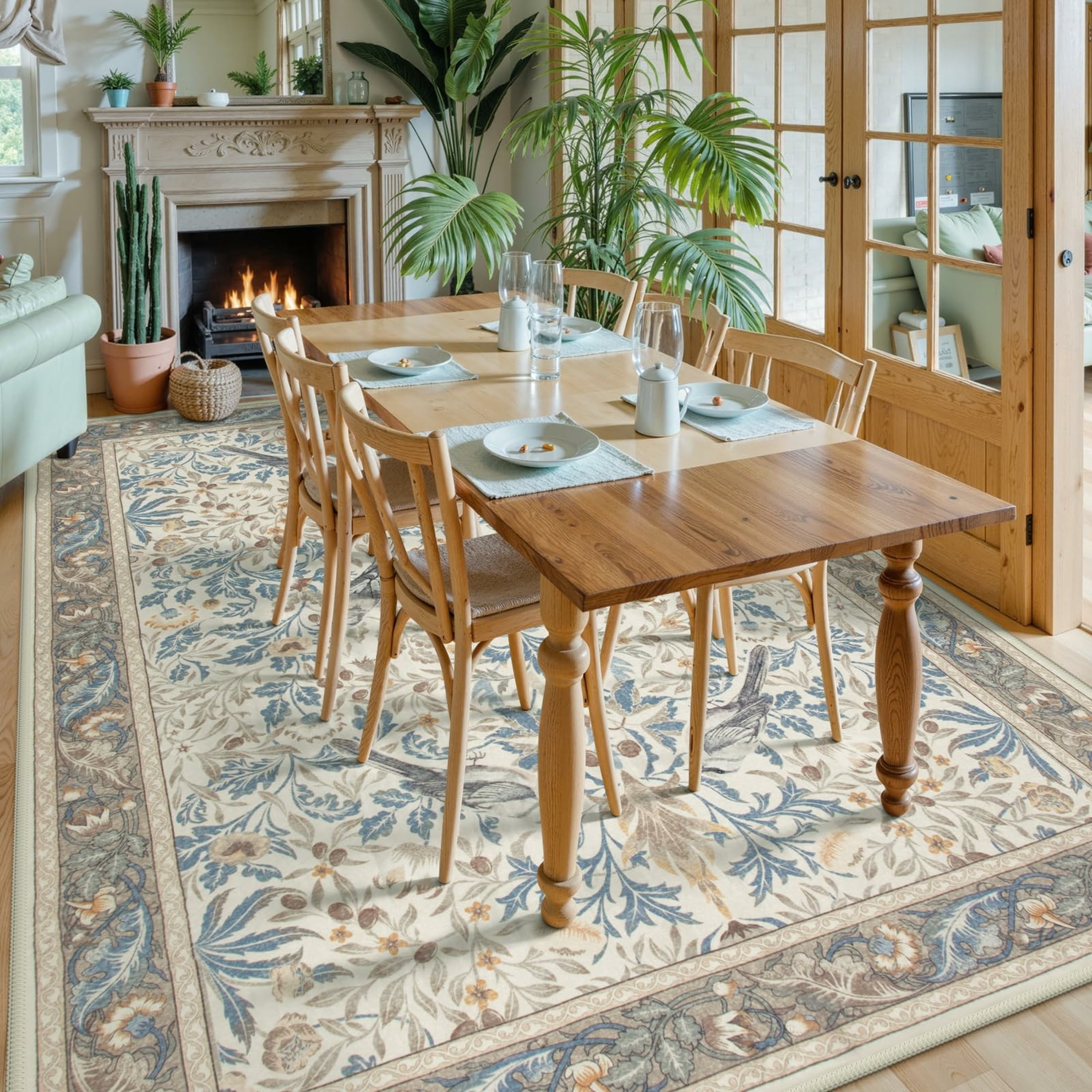Moynesa 8'x10' Vintage Bird Washable Rugs for Living Room, Beige Botanical Floral Large Area Rugs for Bedroom, Non-Slip Soft Natural Rugs for Dining Room, Accent Carpet for Under Table Apartment