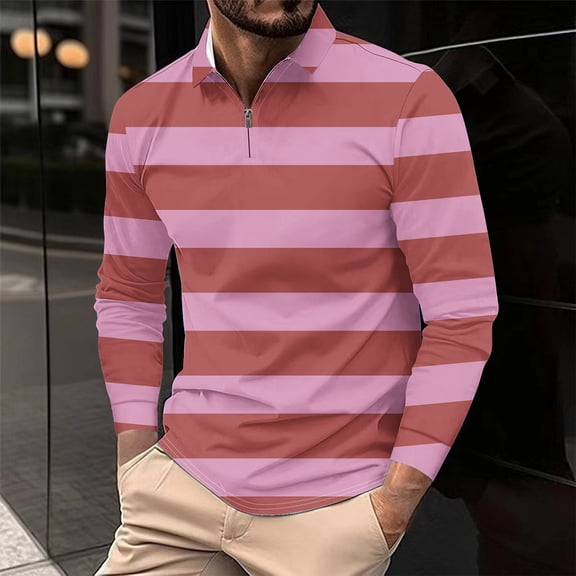 Aimik Plus Size Polo Shirts for Men Long Sleeve Quarter Zip Lapel Striped Casual Shirts Spring Fall Lightweight Quick Dry Soft Golf Tee,Pink,XXXL
