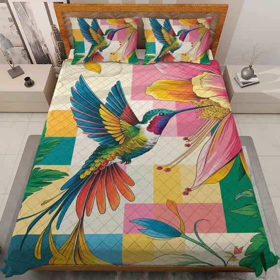 Lotusprinthandmade Floral Hummingbird Quilt Bedding Set Fold Hem 80x90