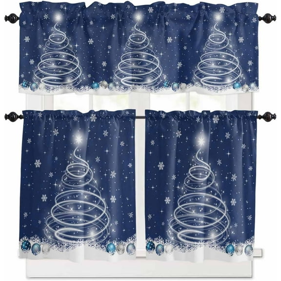 Navy Blue Christmas Kitchen Curtains and Valances Set, Rod Pocket Curtains Tier Farmhouse Window Curtains 24 Inch Length, Winter Pine Trees Snowflake Ball 3 Piece Kitchen Curtains Set