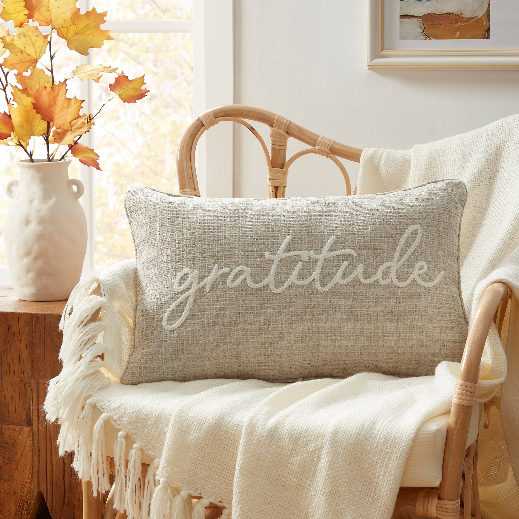 Way to Celebrate 14" x 22" Beige Embroidered Gratitude Oblong Decorative