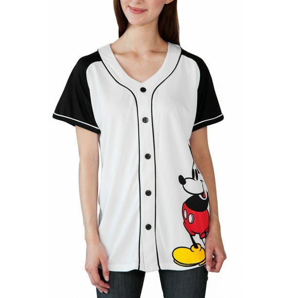 Disney Women's Mickey Mouse Baseball Jersey Shirt White Button Down