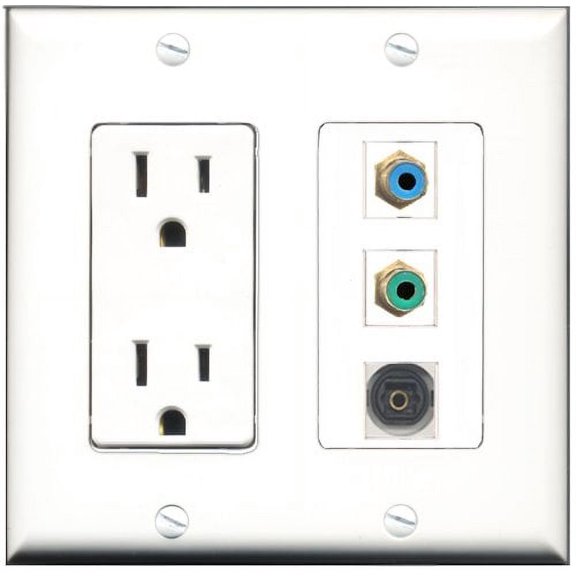 RiteAV - 15 Amp Power Outlet 1 Port RCA Green 1 Port RCA Blue 1 Port Toslink Decorative Wall Plate