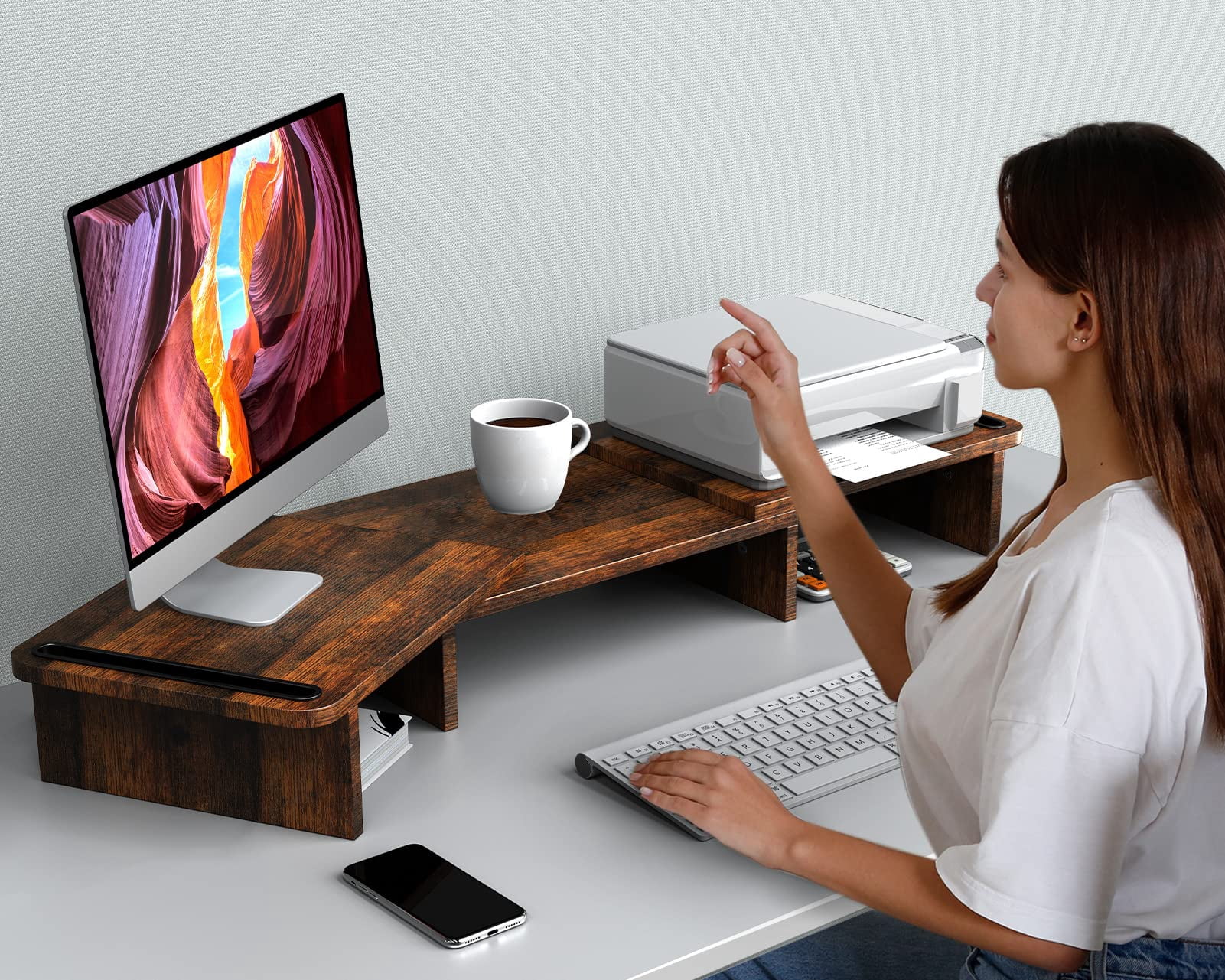 Dual Monitor Stand Riser  With Adjustable Length And Angle Wood For Desk 2 Monitors Storage Space(rust Brown Large)