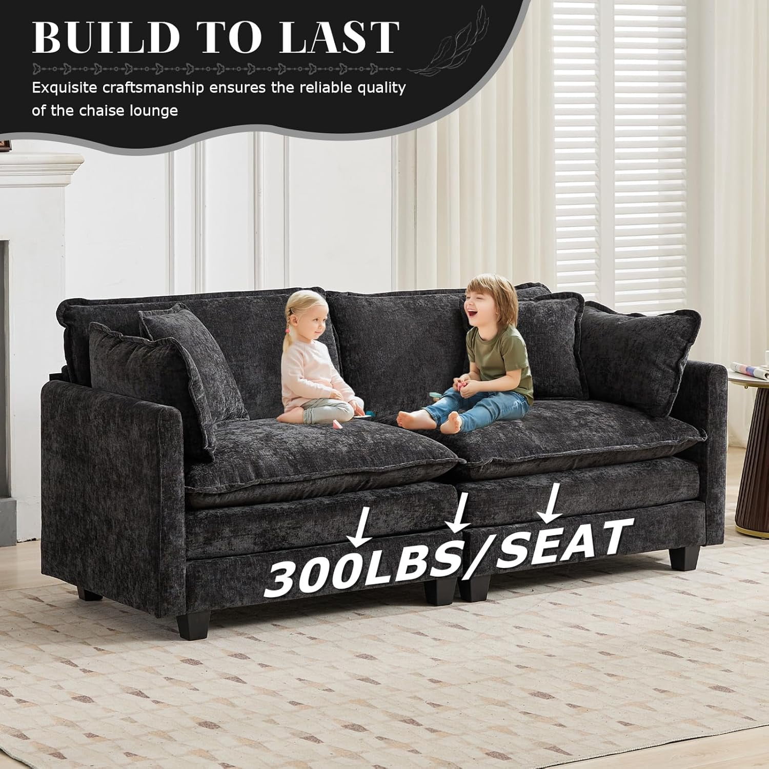 YWEN 77.95" Chenille Sectional Sofa, Comfy Modular Loveseat Sofa, Modern 2-Seat Couch Deep Seat Sofa Set for Living Room,Black