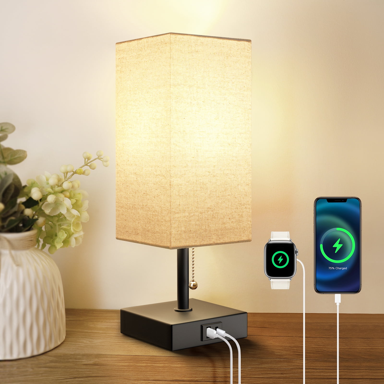 Bedside Table Lamp, Pull Chain Table Lamp with 2 USB Charging Ports