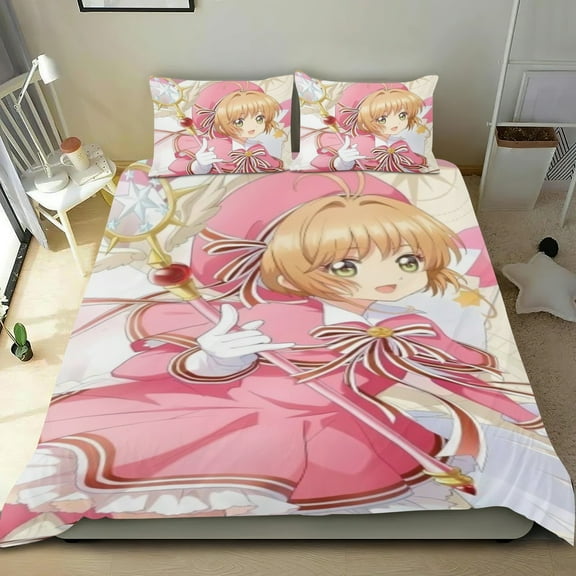 Sakura Kinomoto Themed Bed Sheet Set Three Piece Set 53x79 In ches Comfortable And Skin Friendly Unique Design Creating A Star Studded Night Home Gifts For Family Friends fans