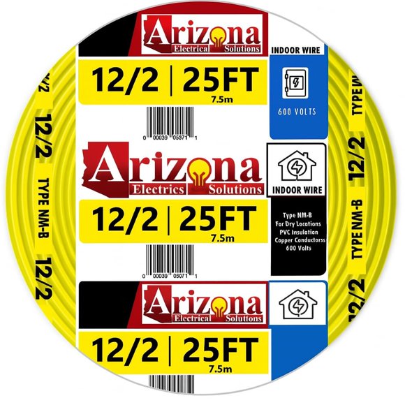 25 FEET 12/2 Type NM-B. Copper #12 AWG, 2 Conductor with Ground Insulated Jacket Yellow