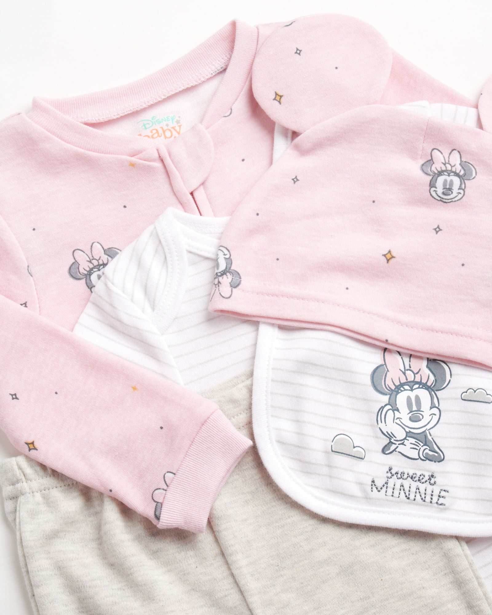Disney Newborn Baby Layette Set - 6 Piece Disney Bodysuit Coveralls Sweatpants, Hat, Gift Bag (0-6M)