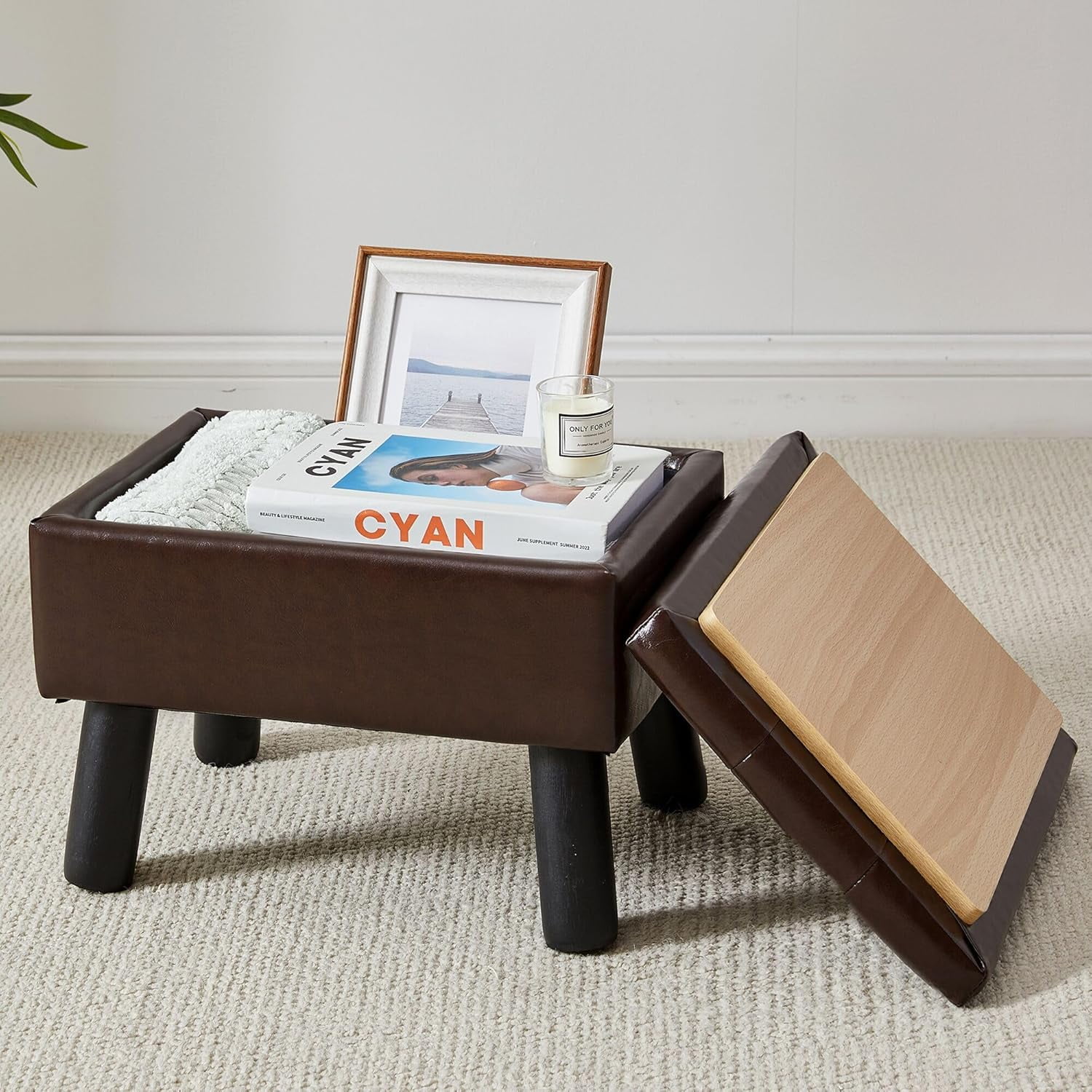 Storage Ottoman Small Foot Stool Ottoman with Storage Faux Leather Foot Rest with Wood Legs Footstool for Living Room Bedroom Entryway Brown