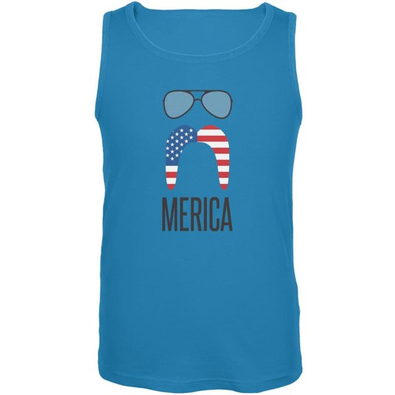 Merica Sunglasses and Mustache Turquoise Adult Tank Top