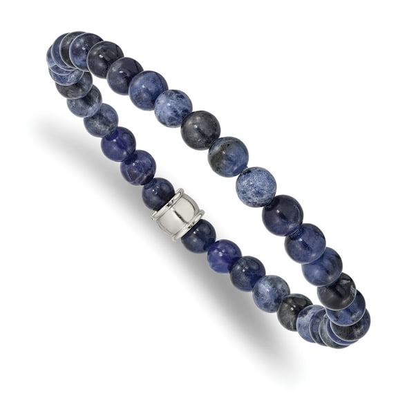 Diamond2Deal Stainless Steel Polished 6mm Blue Sodalite Beaded Stretch Bracelet for Men 7.75"