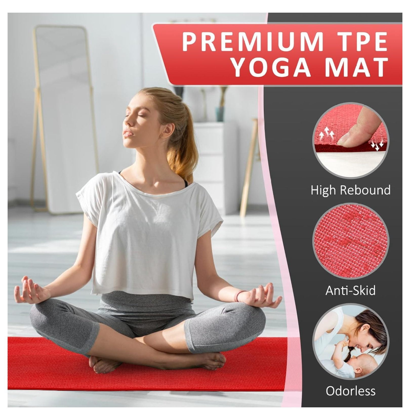 Signature Fitness All Purpose 0.25 Inch Thick High Density No Tear Exercise Yoga Mat with Strap & Lightweight Features for Indoor & Outdoor Use, Red