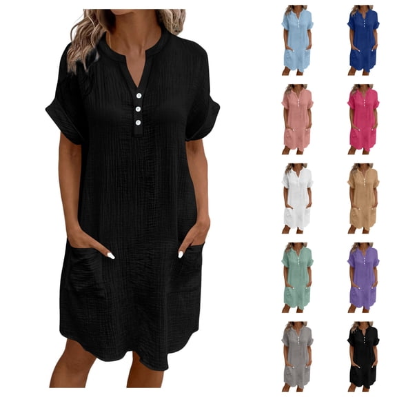 LIBRCLO Womens Dresses Short Sleeve V-Neck Dress with Pocket Solid Color Button Jumpsuit Long Skirt