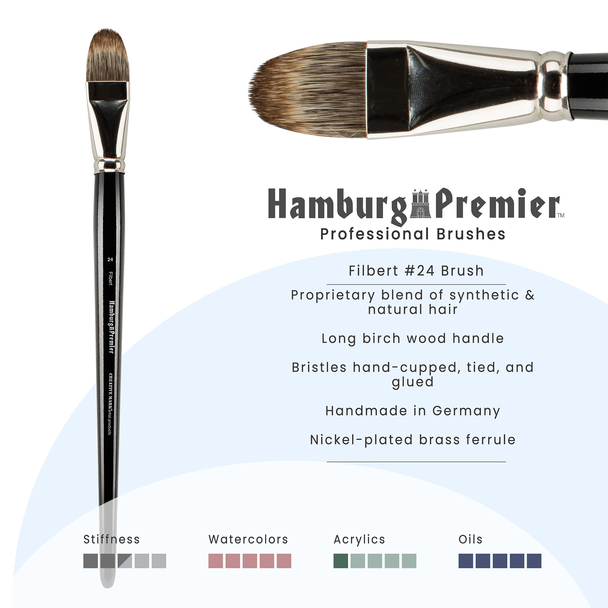 Creative Mark Hamburg Premiere Professional Oil Painting Brushes - Filbert #24 Oil Paint Brush - Handmade in Germany, Natural & Synthetic Hair Blend, Long Triple-Lacquered Birch Handle