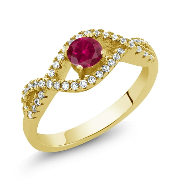 Gem Stone King 0.94 Ct Round Red Created Ruby 18K Yellow Gold Plated Silver Infinity Ring (Size 9)