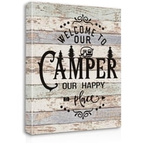 Welcome to Our Camper Our Happy Place Canvas Wall Art Prints Artwork Signs Framed for Camper Decor RV Room Bathroom Trailer RV Decor, 11 X 14 inch, Campers Lover Gifts, Camper Canvas Wall Decor