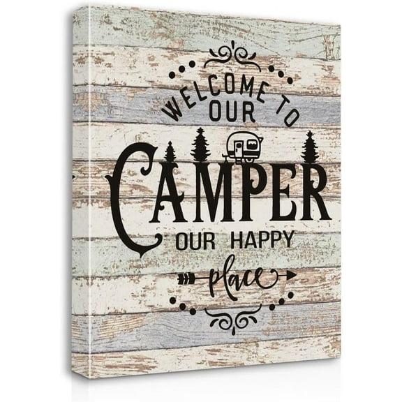 Welcome to Our Camper Our Happy Place Canvas Wall Art Prints Artwork Signs Framed for Camper Decor RV Room Bathroom Trailer RV Decor, 11 X 14 inch, Campers Lover Gifts, Camper Canvas Wall Decor