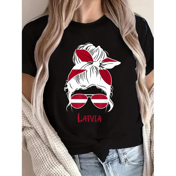 Camiseta de moda para mujer, camiseta informal de cuello redondo para mujer, estampado "Letonia con gafas de moda", camisetas deportivas de manga corta de moda e informales para primavera y verano, ca