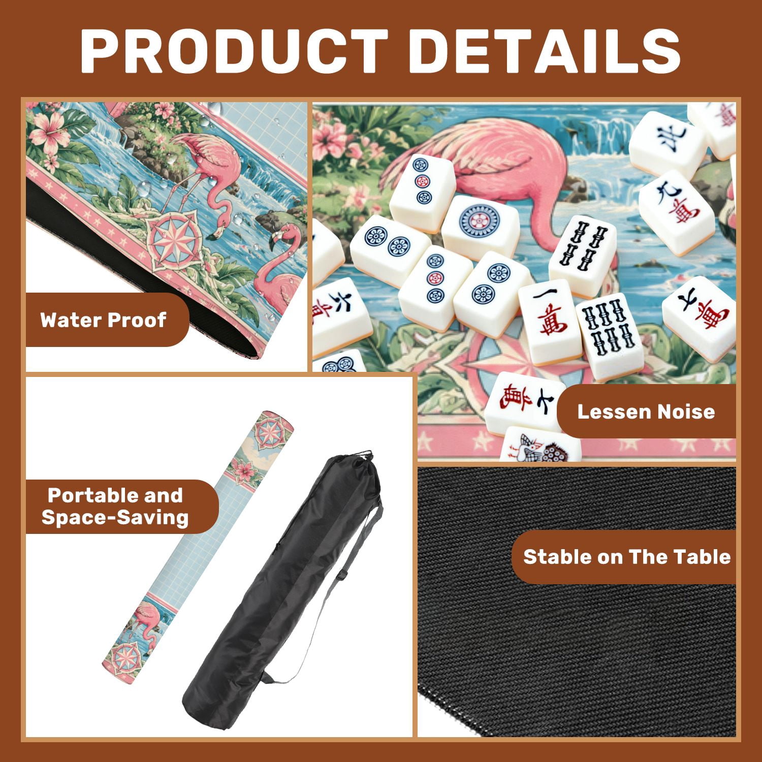 Mahjong Mat 31.5" x 31.5" Tropical Flamingo Palm Tree Pastel Pink Blue Accents Non-Slip Noise Reduction Mahjong Tiles Table Cover for Dominoes Poker Card Board and Tile Games