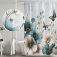 thumbnail image 5 of Teal Tulip Butterfly Shower Curtain, Waterproof Shower Curtains for Bathroom, Beige Turquoise Floral Blue Coastal Washable Fabric Bathtub Curtain Set Bath Decor with 12 Hooks Extra Long 72"x96", 5 of 8