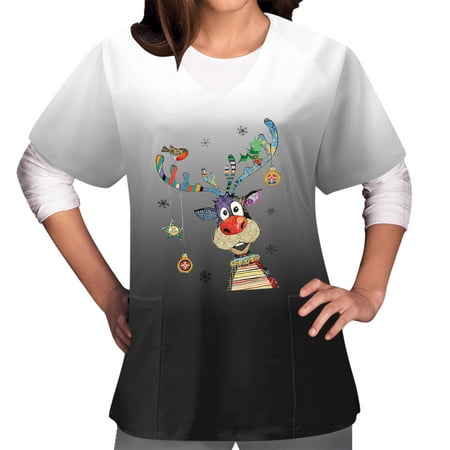 

XFLWAM Women s Christmas Scrub Tops Plus Size V-Neck Cute Reindeer Santa Claus Print T Shirts Workwear Nurse Uniform Tee with Pockets Black L