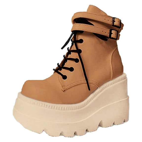 Juebong Fashion Thick Soled Plus Size Classic Ankle Booties Women Autumn Platform Leather Boots,Brown Size 9