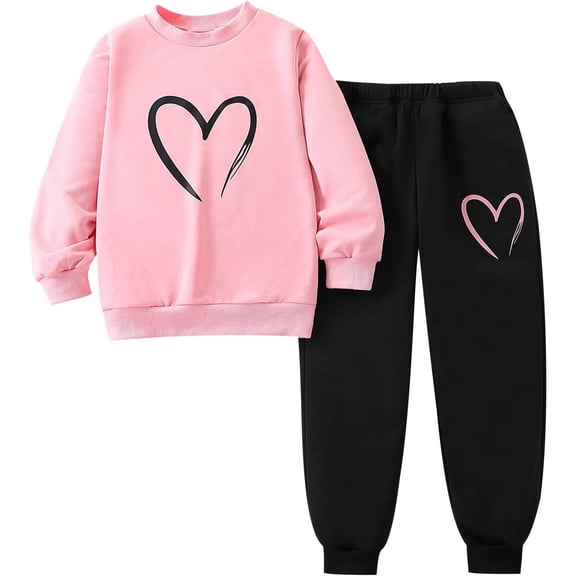 Outfits for Girls Heart Print Crew Neck Long Sleeve Sweatshirt And Cuffed Trousers 2 Piece Daily Wear Girls' Clothing Sets 2 Years-3 Years