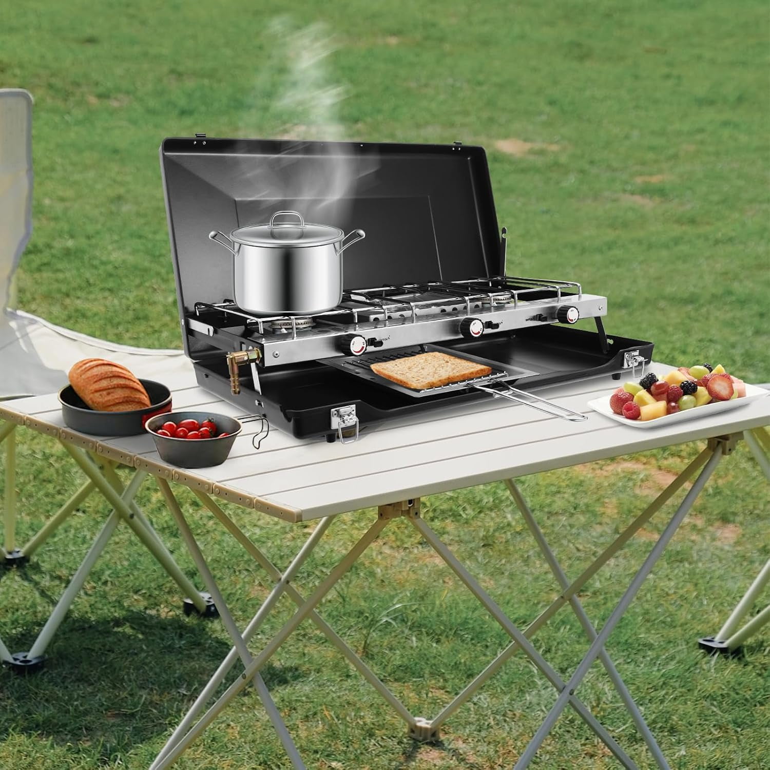 Gas Camping Stove, Portable Cooking Stove, 3-Burner Camping Stove with Griddle, Regulator, Toast Tray, Windshield for Car Camping BBQ