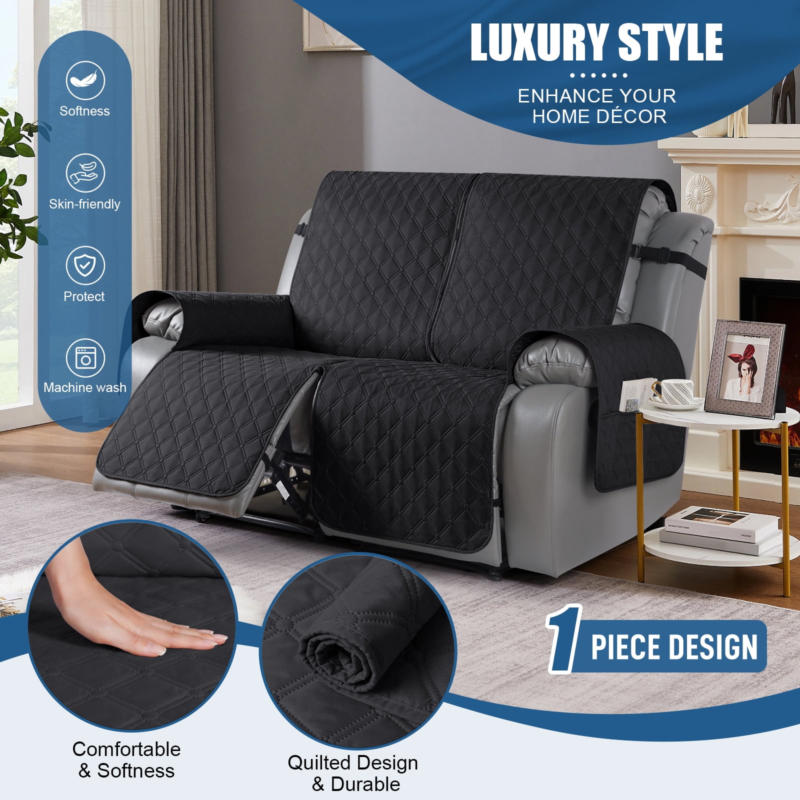 Timeles Waterproof Recliner Covers Loveseat Recliner Sofa Covers with Leg Straps Reversible Recliner Couch Cover for 2 Seat Reclining Chair Washable Couch Protector for Pets Kids (Black)