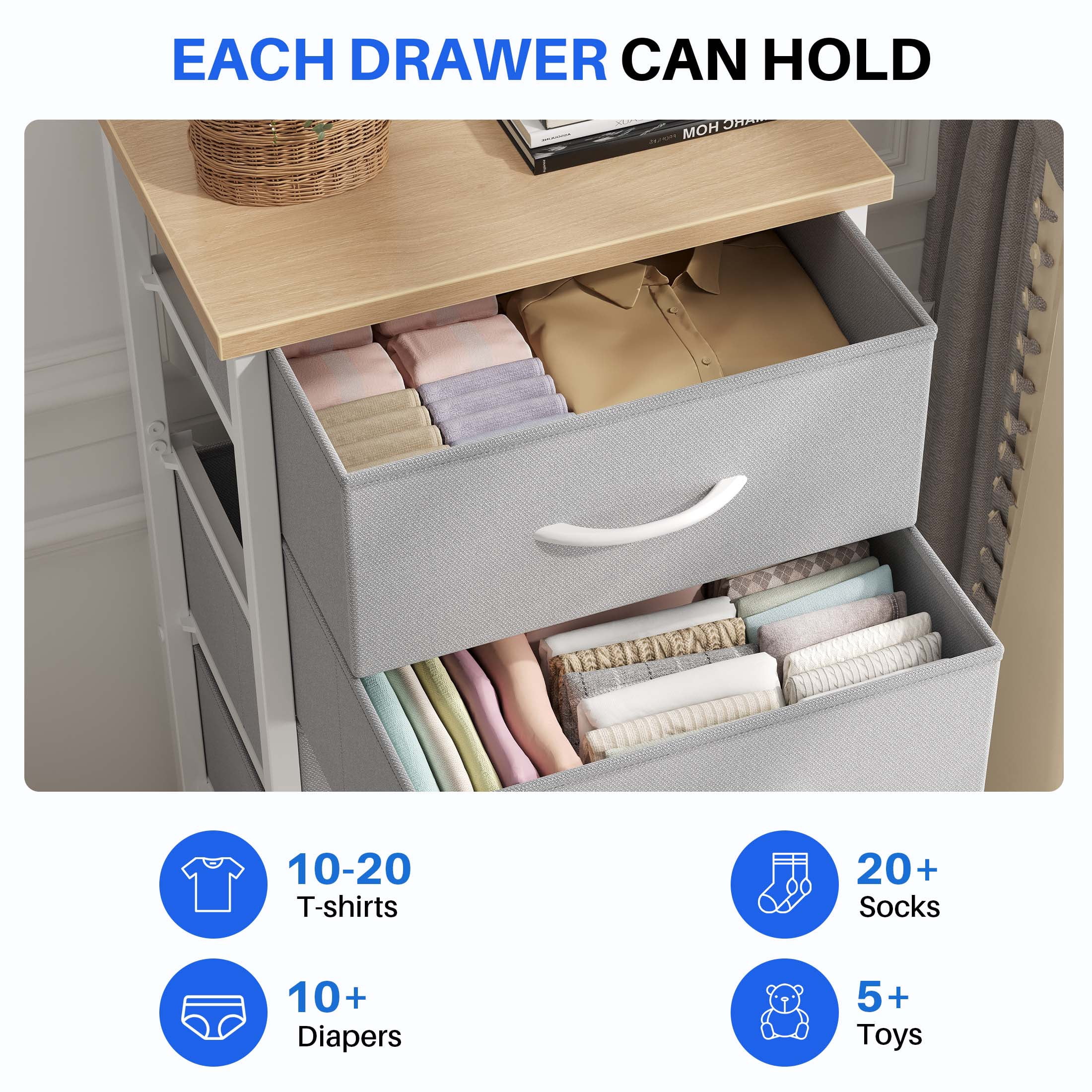 EDX 6 Drawer Fabric Dresser for Bedroom , Storage Organizer, Wide Chest of Drawers for Closet, Clothes,TV Stand, LightGray