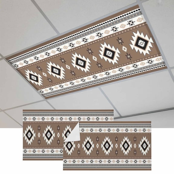 Brown Boho Fluorescent Light Covers, Farmhouse Aztec Southwest Ethnic Geometric Magnetic Light Covers for Ceiling Lights, Fluorescent Ceiling Shade Filters for Classroom Bedroom Office 4x2Ft x 2PCS