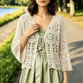 thumbnail image 3 of Women's Crochet Tops Bell Sleeve Summer Cardigan Tie Front Cropped Cover upvLightweight Top,Hollow Out,Boho,Summer Sweater(Beige,One Size), 3 of 4