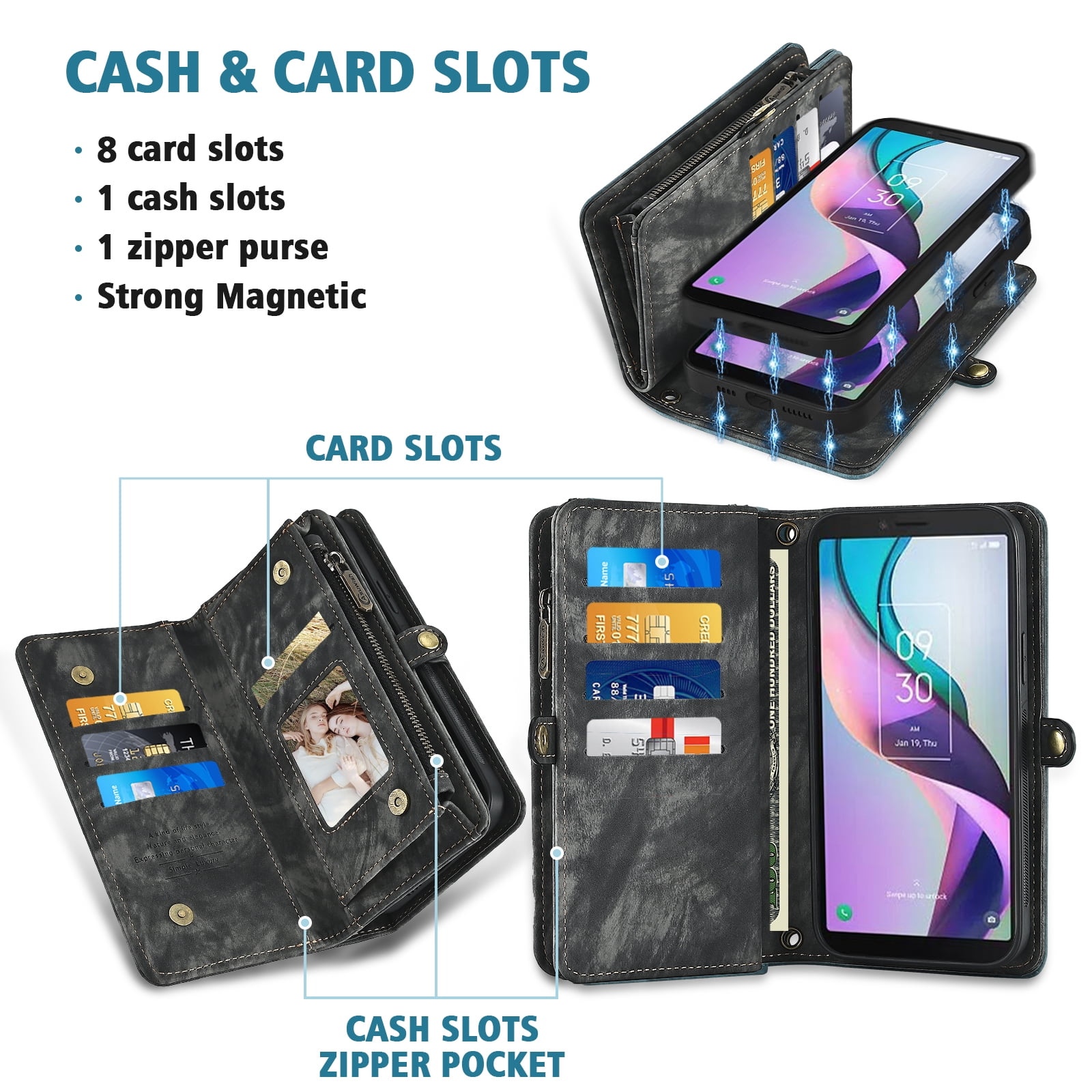 Asuwish Phone Case for Metro TCL Ion X/Ion V/40Z T607DL Zipper Wallet Detachable Cell Cover with Tempered Glass Screen Protector Crossbody Strap Flip Card Holder Slot IonX T430W IonV 2023 Women Black
