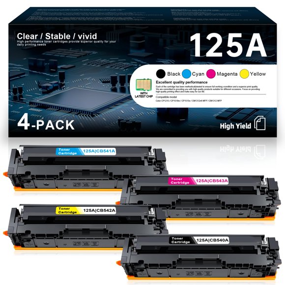 125A Cartouches de Toner 4 Pack Haute Capacité Remplacement pour HP 125A Toner CB540A CB541A CB542A CB543A Couleur CP1215 CP1518ni CP1515n CM1312nfi MFP CM1312 m