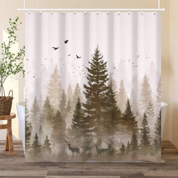 Misty Forest with Deer Shower Curtain Nature Animal Bath Curtain for Bathroom Decor with Hooks 72x72 in