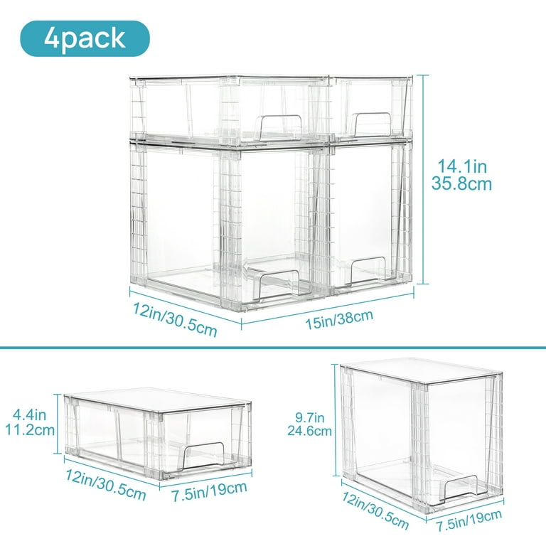 Vtopmart 4-Pack Stackable Clear Plastic Drawers - Small Storage Bins Organizer For Bathroom, Cabinet, Pantry, Laundry