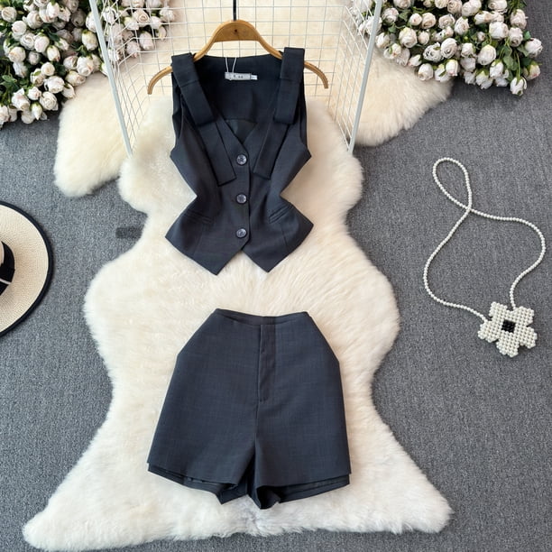 Conjunto de dos piezas de pantalones cortos para mujer, chaleco sin mangas, Blazer fresco, pantalones cortos de pierna ancha, cintura alta, informal, negro, Verano