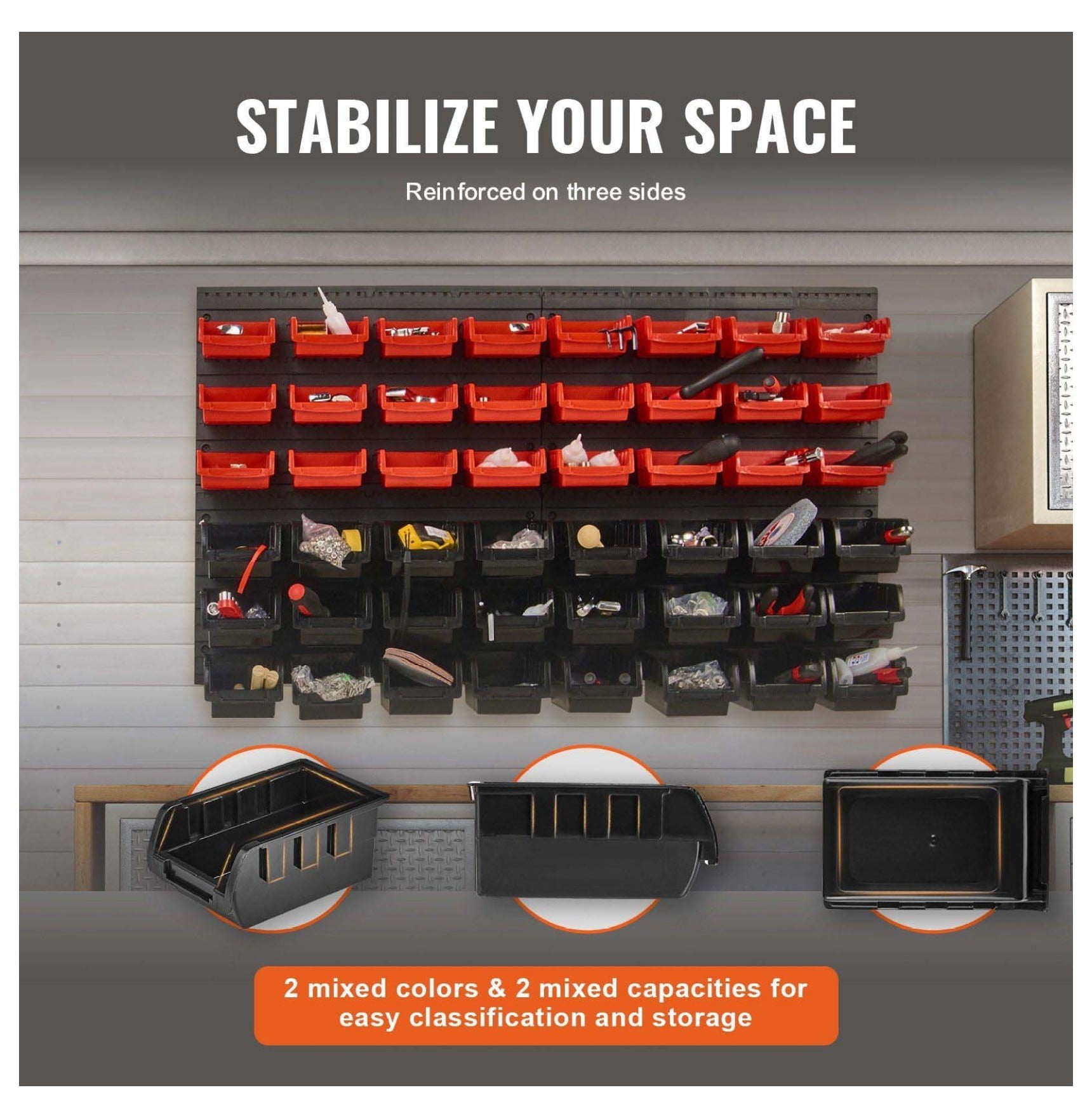 Wall Mounted Storage Bins 48-Bin Parts Organizer - Garage Shop Tool Rack - Small Parts Storage for Nuts, Bolts, Screws, Crafts, Beads - Black & Red