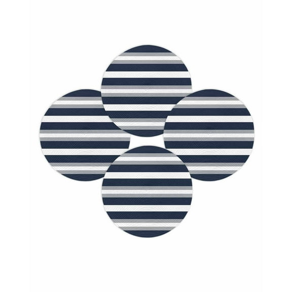 Round Placemats Set of 4 Navy Blue Stripes Place Mats Washable Woven Placemat Grey Striped Circle Braided Table Mat for Kitchen Dining Table Party Home Decor 15 Inch