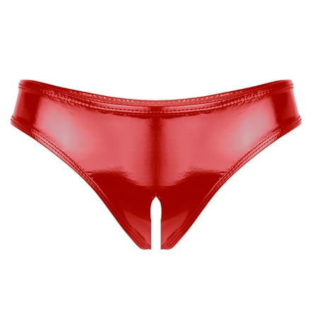 Aiihoo Women Shiny Metallic Panty Briefs Thong No Crotch Booty Shorts Underwear Red S