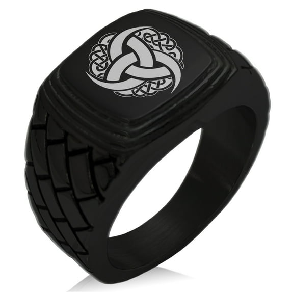 Stainless Steel Triskelion Odin's Horn Knot Viking Geometric Pattern Step-Down Biker Style Polished Ring