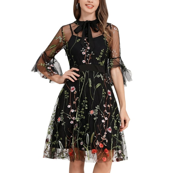 IDOPIP Women Mesh Floral Embroidery Vintage Dress Illusion 50s Goth Flared A line Cocktail Dress