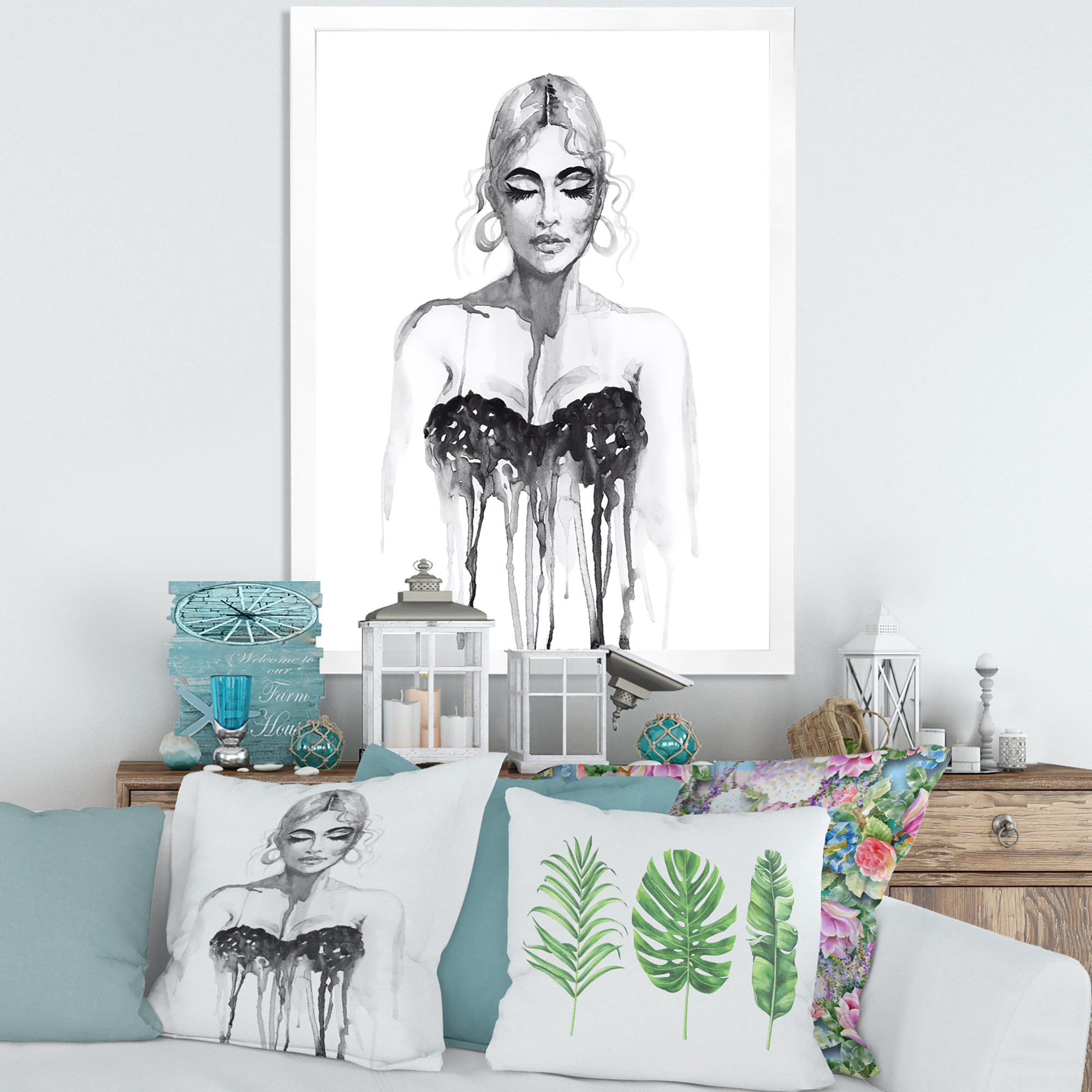 Black and White Portrait of Woman Wearing Evening Dress 16 in x 32 in Framed Painting Canvas Art Print, by Designart
