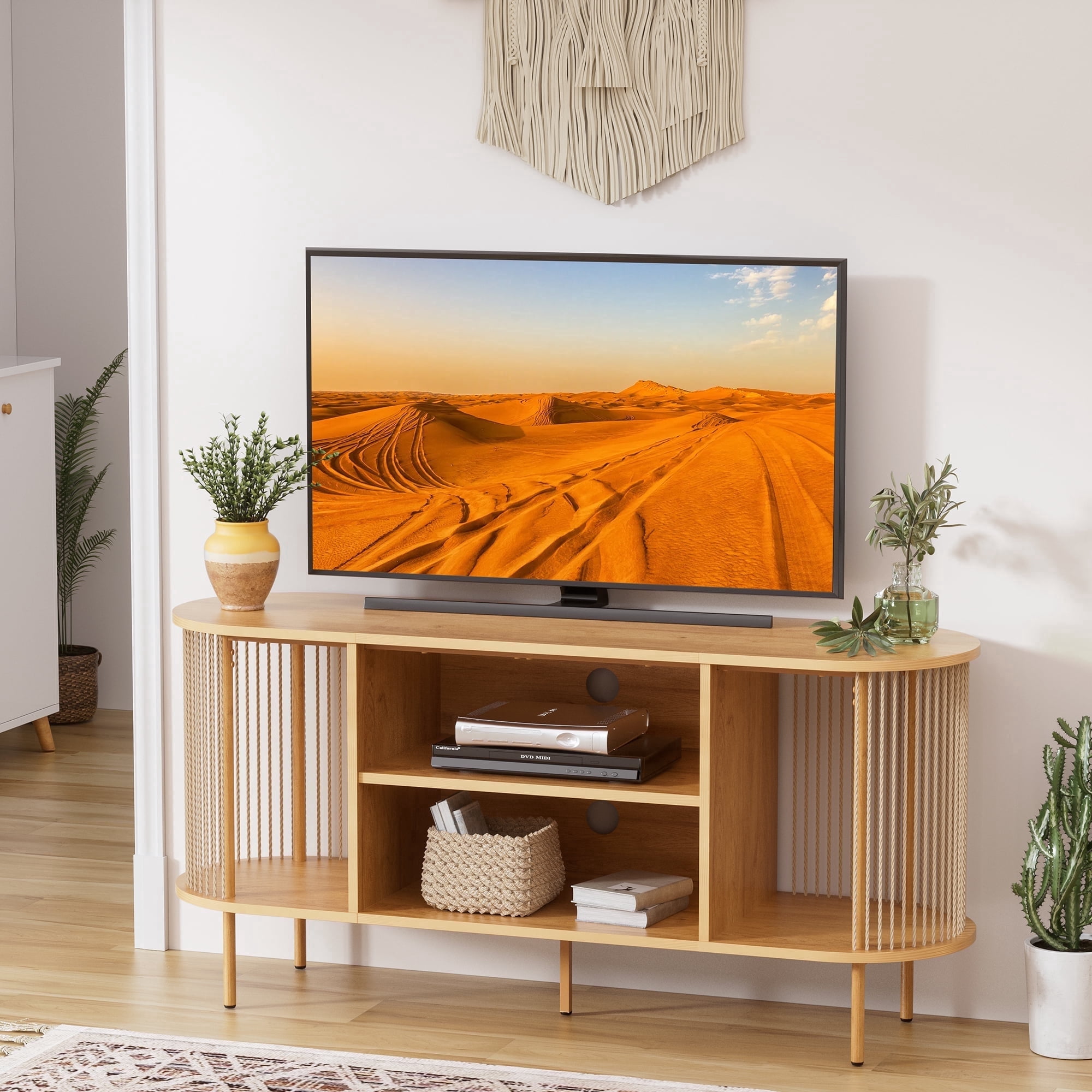 Brafabhome Oval Boho Natural Rope Woven TV Stand up to 60" TV, Mid-Century Media Console Table with Storage Shelf for Living Room, Modern Entertainment Center for Bedroom | Beige