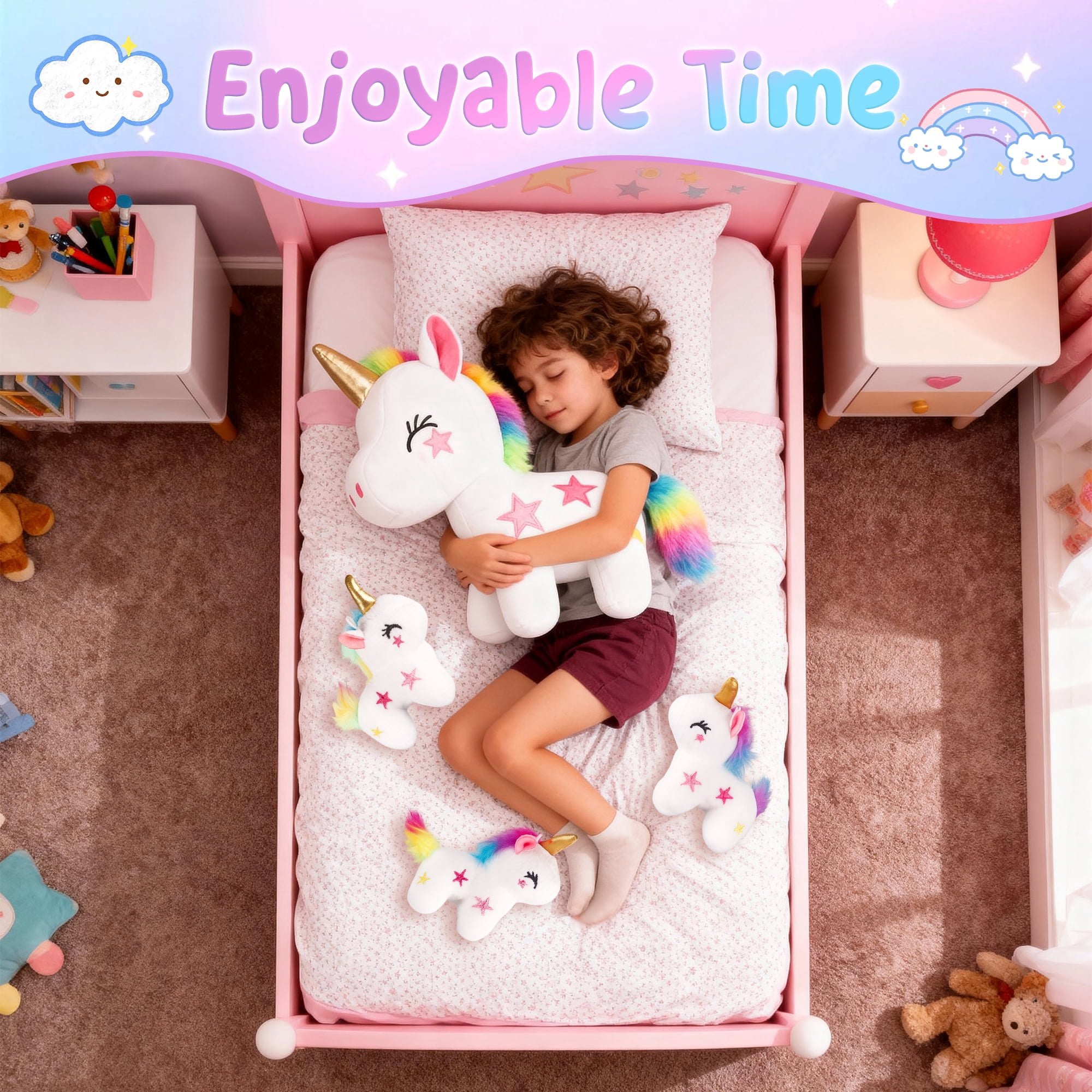 Dolizu 4-Pack Unicorn Plush Set: 1 large 11.8in + 3 small 4in unicorns. Ideal for kids’ play, bedtime and gifts for all ages.