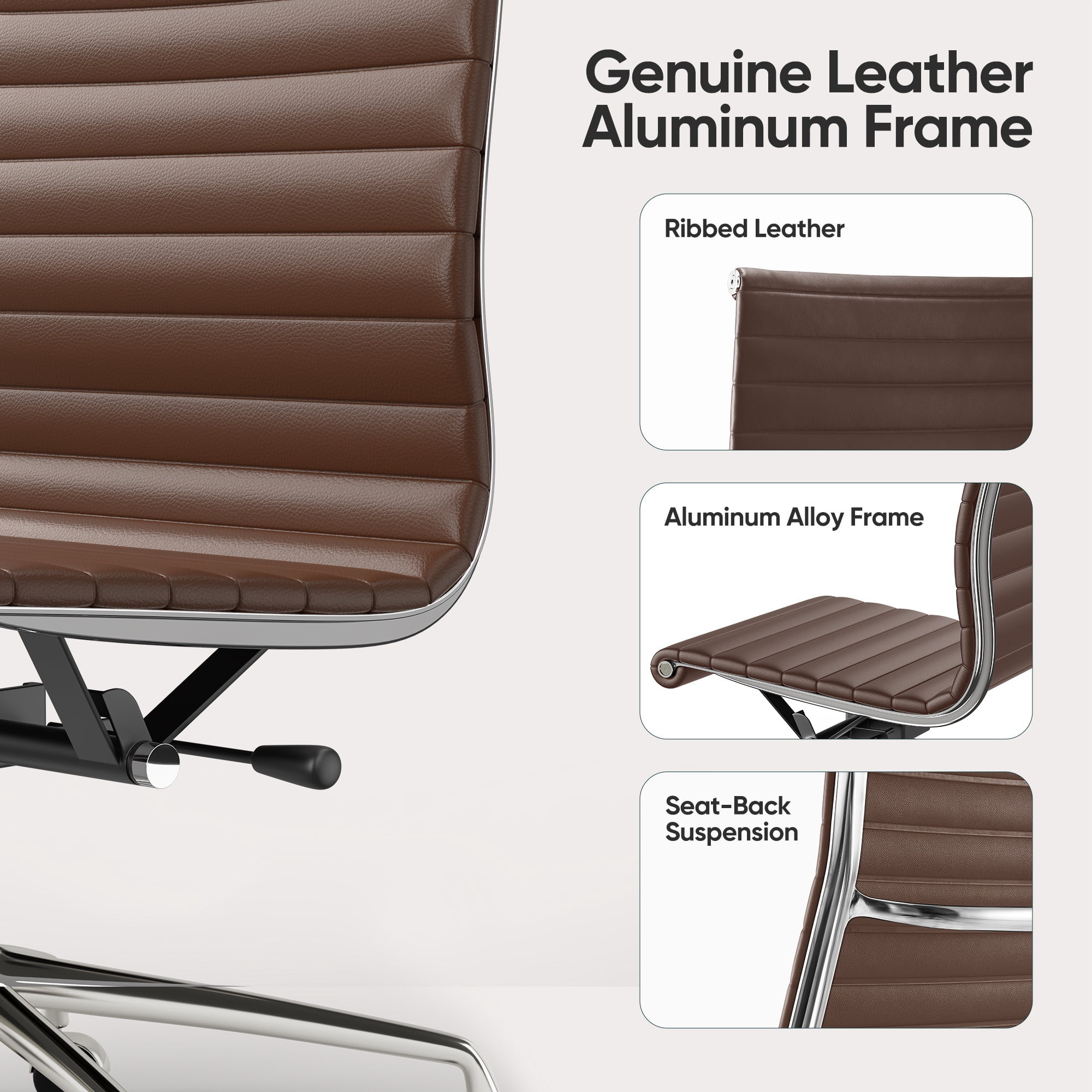 Cottinch Ribbed Office Chair High Back Armless Genuine Leather Ergonomic Desk Chair, Adjustable Height Executive Conference Task Chair Swivel Chair for Home Office, Brown