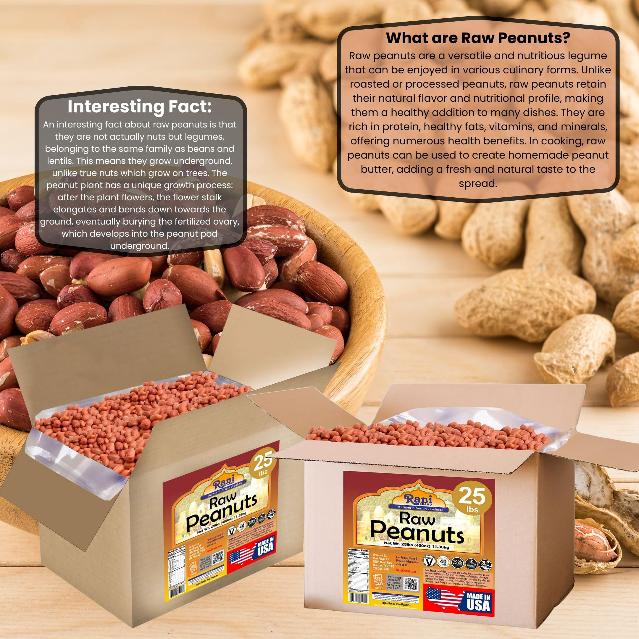 Rani Peanuts, Raw Whole With Skin (uncooked, unsalted) 25lbs (400oz) Bulk Box, 80 cases per Pallet ~ All Natural | Vegan | Gluten Friendly | Fresh ~ Spanish Grade Groundnut/Red-skin