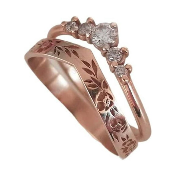 Weloille Vintage Style Floral Band Paired Diamond Ring, Elegant Wedding, Anniversary Gift for Her (Rose Gold)