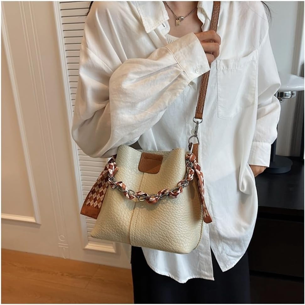 Leather Bucket Bag with Thick Chain for Women Hobo Bucket Bags and Purses Casual Crossbody Shoulder Bucket Handbag